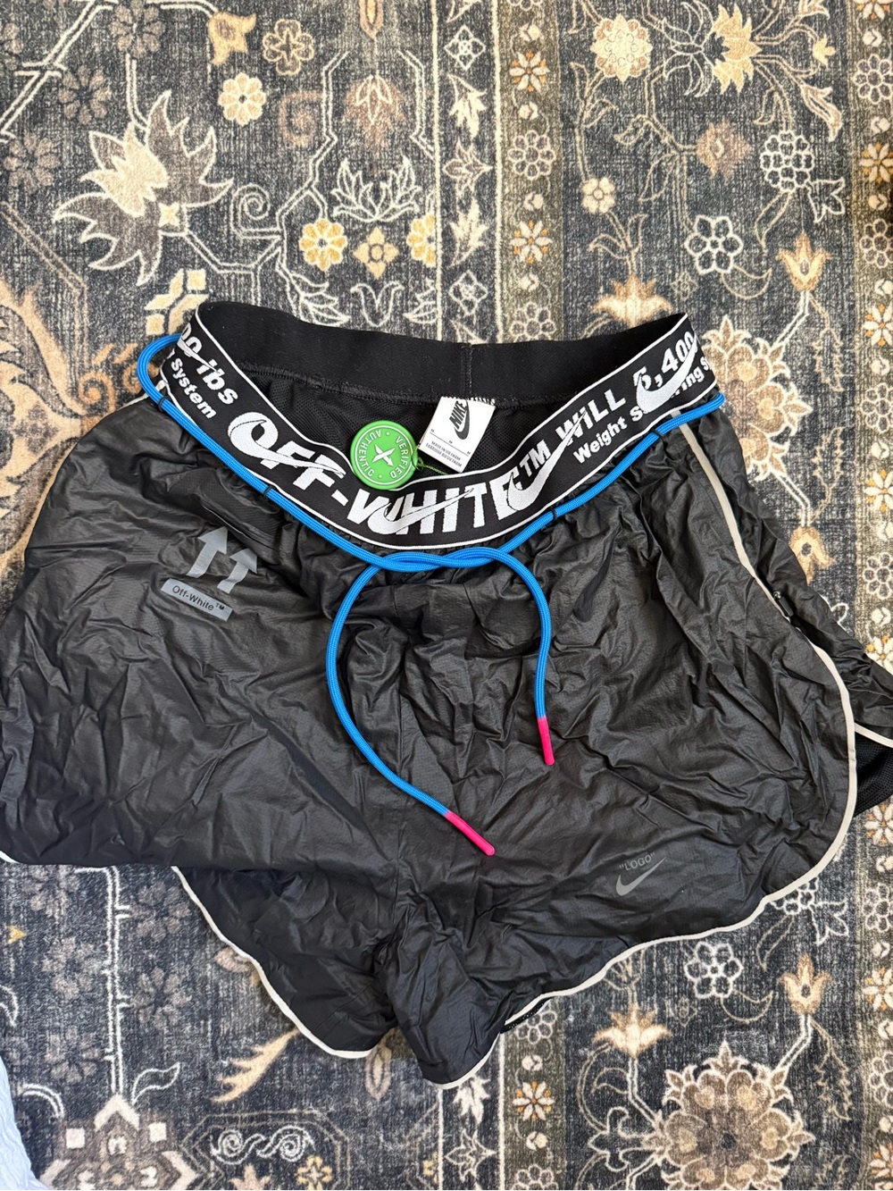 Off-White X Nike Black Athletic Shorts with Blue Drawstring